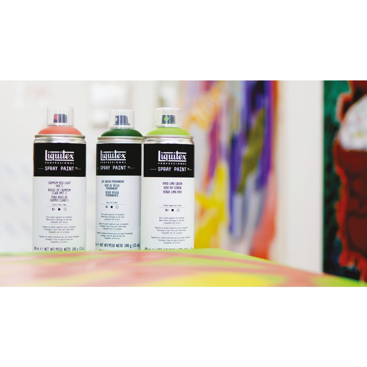 Liquitex Professional Spray Paint - Cadmium Red Light Hue 5, Sap Green Permanent, Vivid Lime Green Liquitex Professional Spray Paint - Cadmium Red Light Hue 5, Sap Green Permanent, Vivid Lime Green