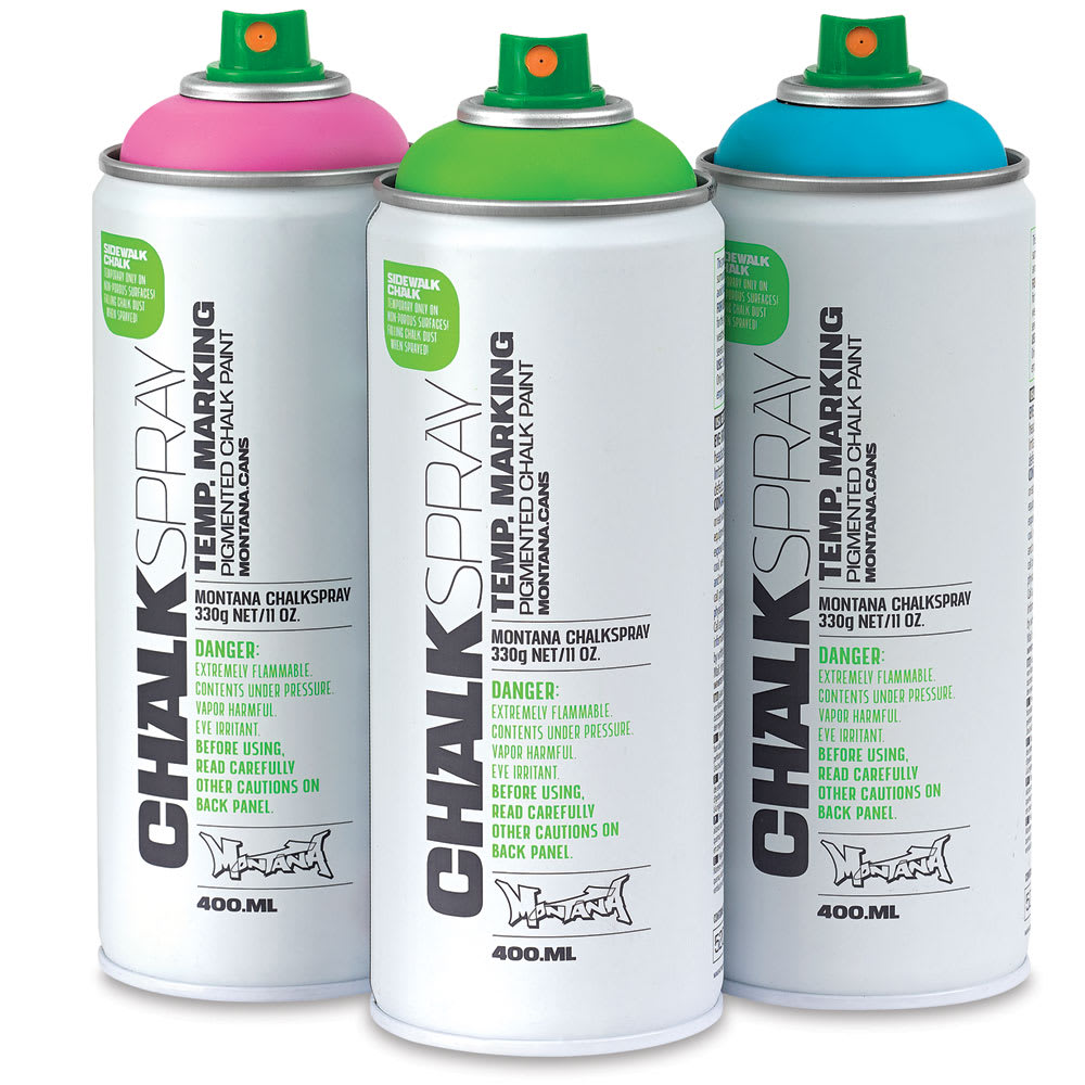 Montana ChalkSpray - Front view of Pink, Green, and Blue uncapped spray cans Montana ChalkSpray - Front view of Pink, Green, and Blue uncapped spray cans