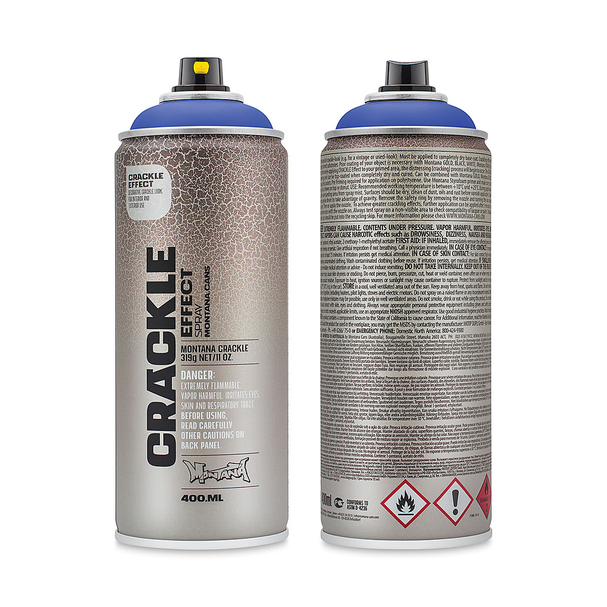 Montana Crackle Effect Spray - Gentian Blue, 11 oz (Front and back of spray can)