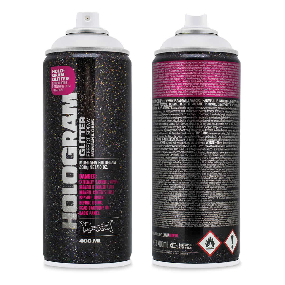 Montana Hologram Glitter Effect Spray - Front and back of spray can Montana Hologram Glitter Effect Spray - Front and back of spray can