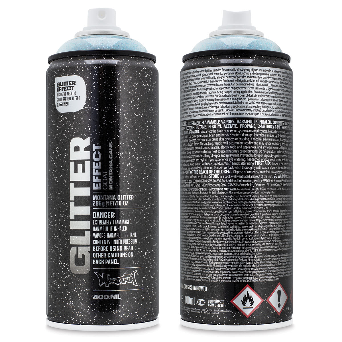 Montana Glitter Effect Spray Paint - Glitter Cosmos, 11 oz (Front and back of can)