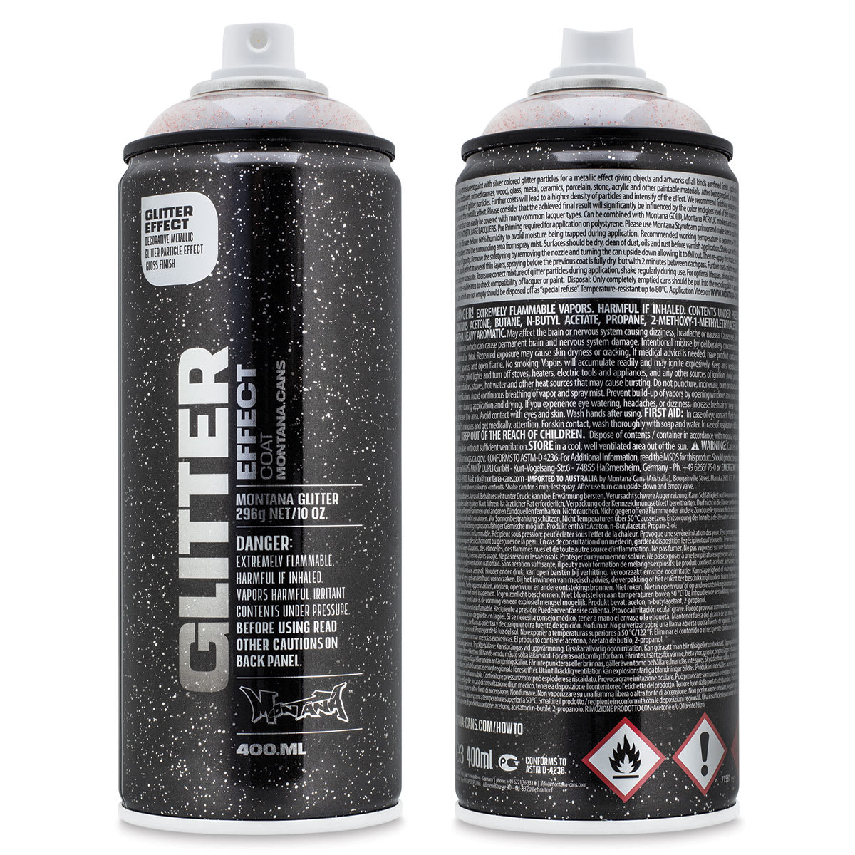 Montana Glitter Effect Spray Paint - Glitter Dusty Gold, 11 oz (Front and back of spray can) Montana Glitter Effect Spray Paint - Glitter Dusty Gold, 11 oz (Front and back of spray can)