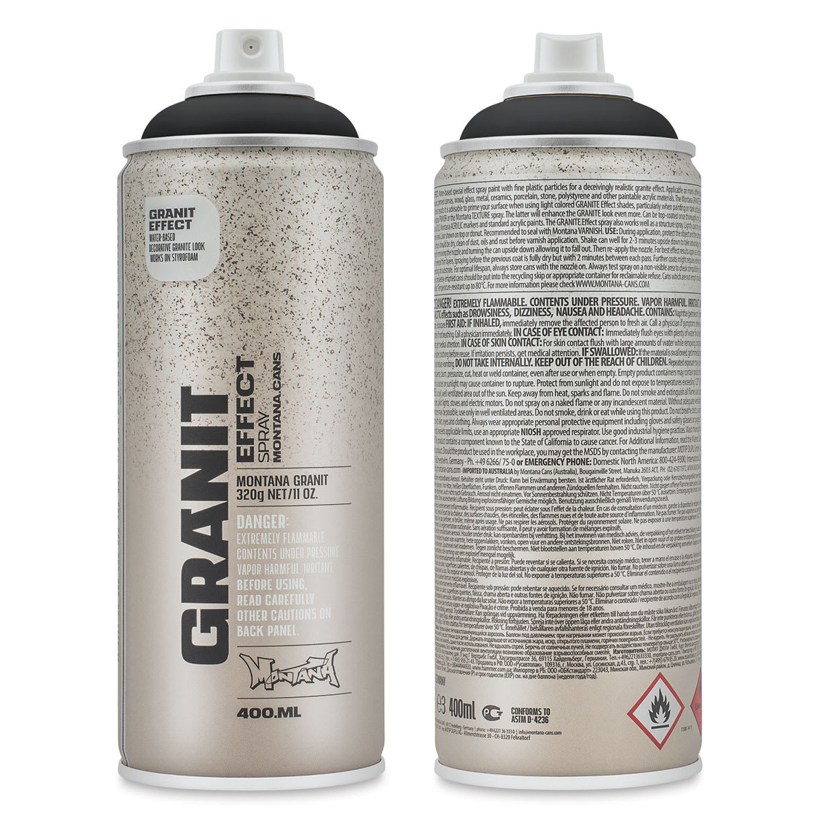 Montana Granit Effect Spray - Black, 11 oz (Front and back of spray can)
