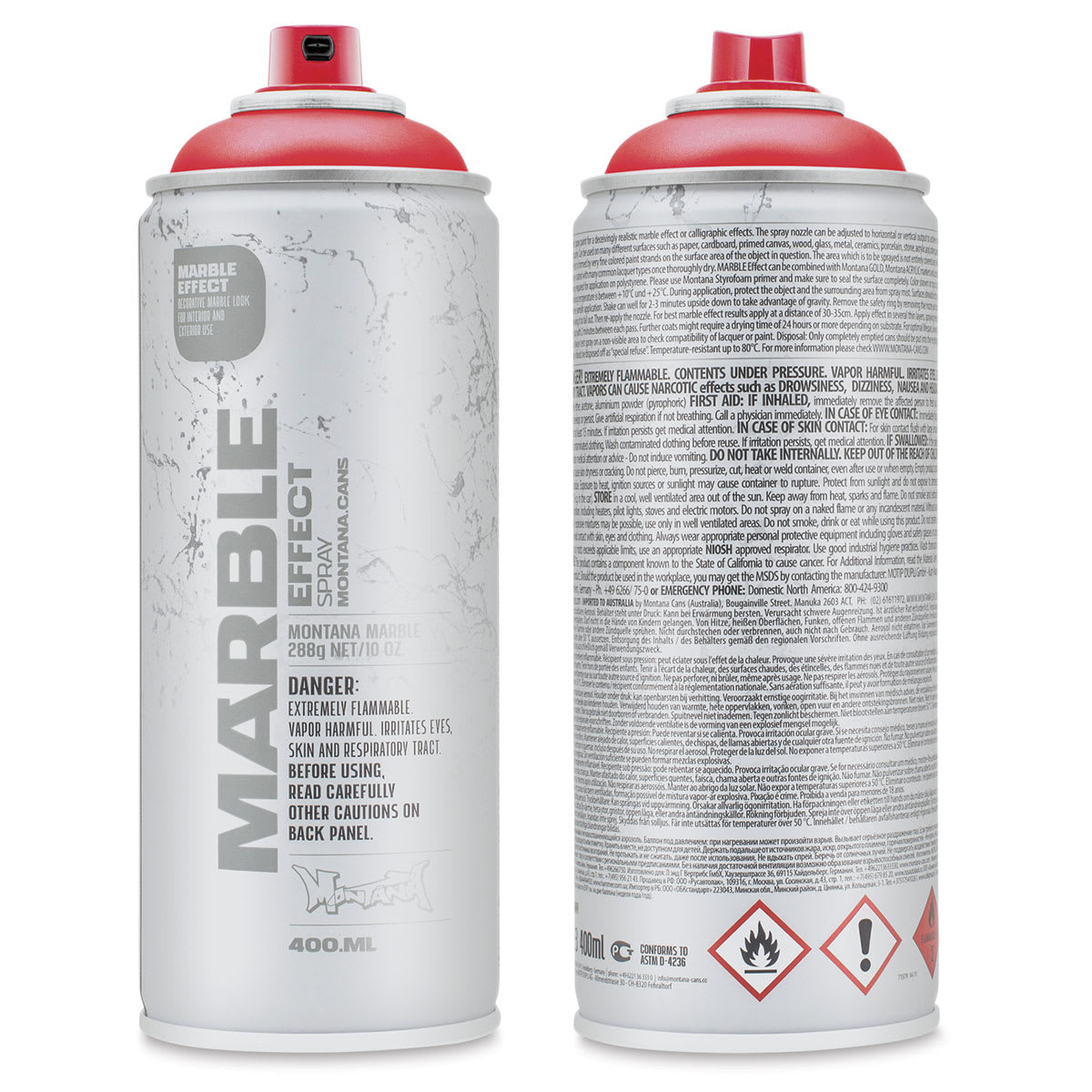 Montana Marble Effect Spray - Front and Back of Marble Red 11 oz spray can shown Montana Marble Effect Spray - Front and Back of Marble Red 11 oz spray can shown