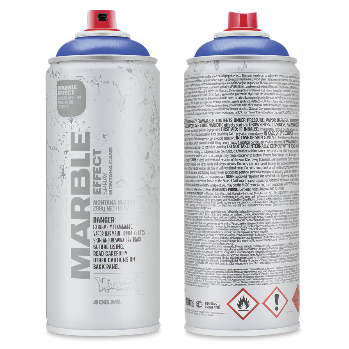 Montana Marble Effect Spray - Marble Blue, 11 oz (Front and back of spray can) Montana Marble Effect Spray - Marble Blue, 11 oz (Front and back of spray can)