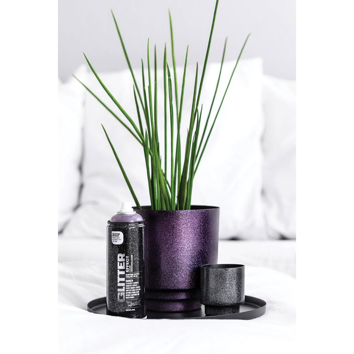 Montana Glitter Effect Spray Paint - Single Spray can with spray painted planter