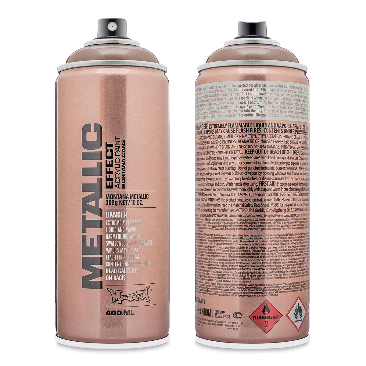 Montana Metallic Effect Spray Paint - Champagne (Front and back of spray can)