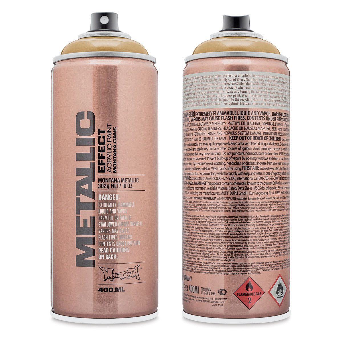 Montana Metallic Effect Spray Paint - Gold (Front and back of spray can)