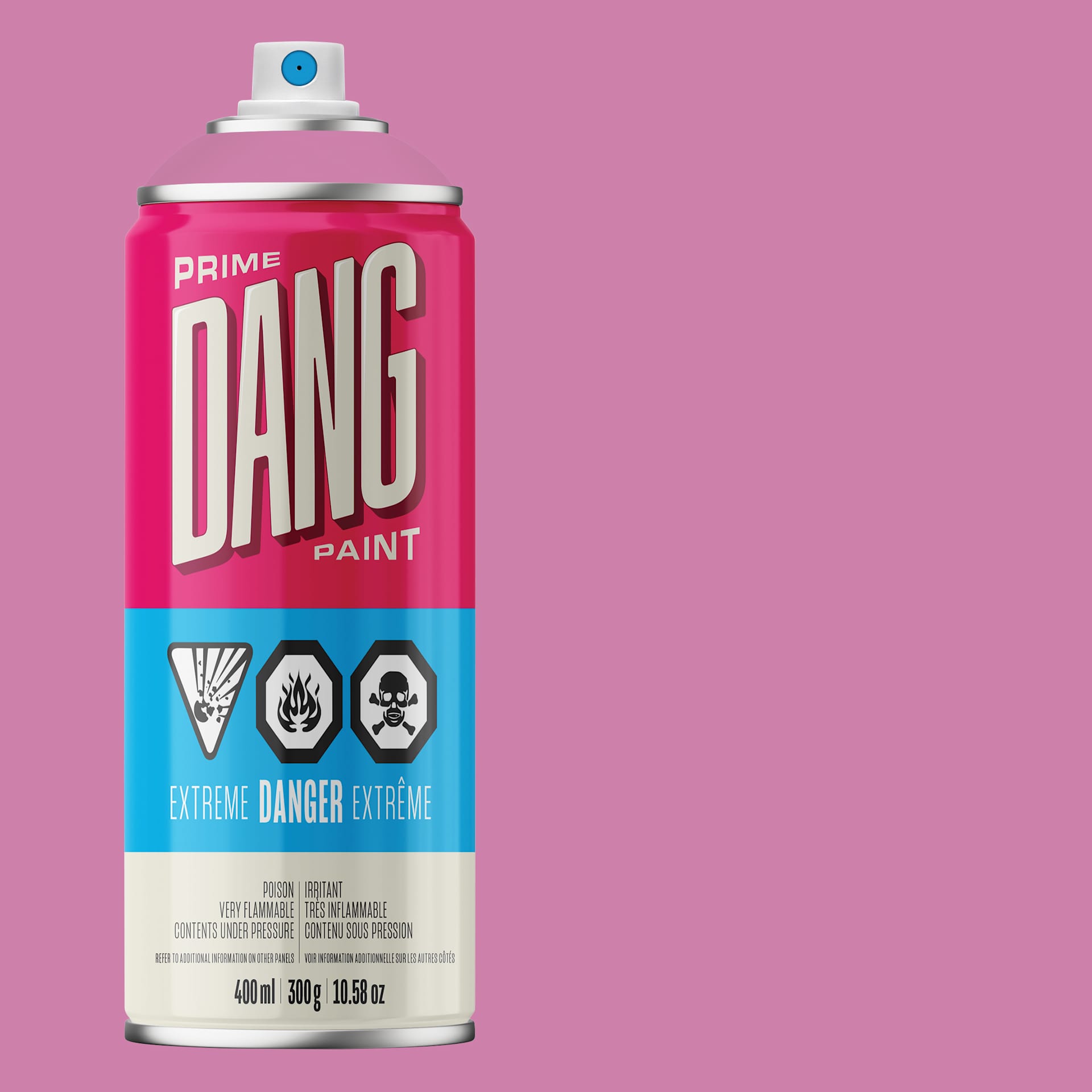 Dang Prime Spray Paint - Candy Pink, 400 ml can and swatch