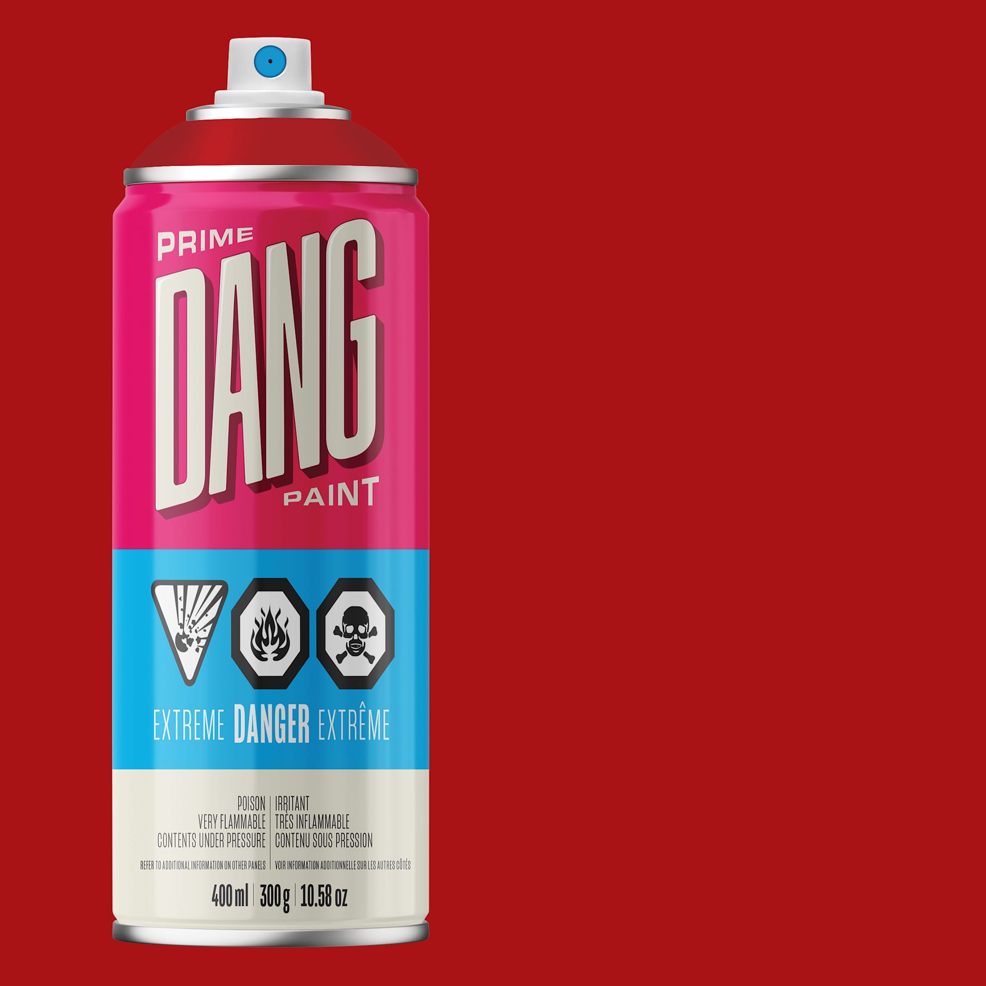 Dang Prime Spray Paint - Traffic Red, 400 ml can and swatch