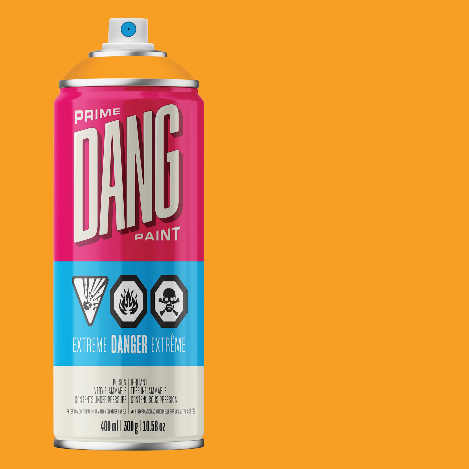 Dang Prime Spray Paint - Vivid Orange, 400 ml can and swatch