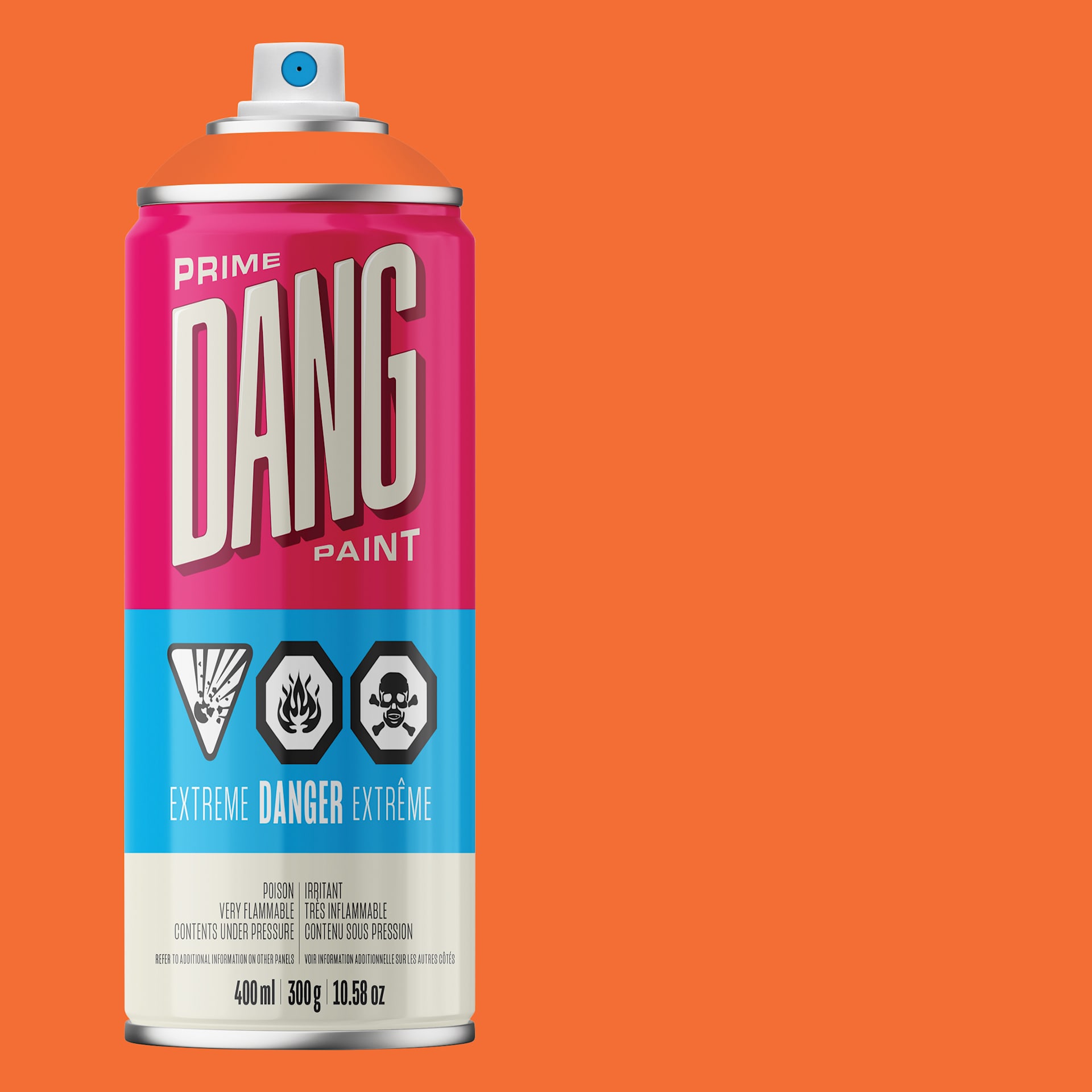 Dang Prime Spray Paint - Fire Orange, 400 ml can and swatch
