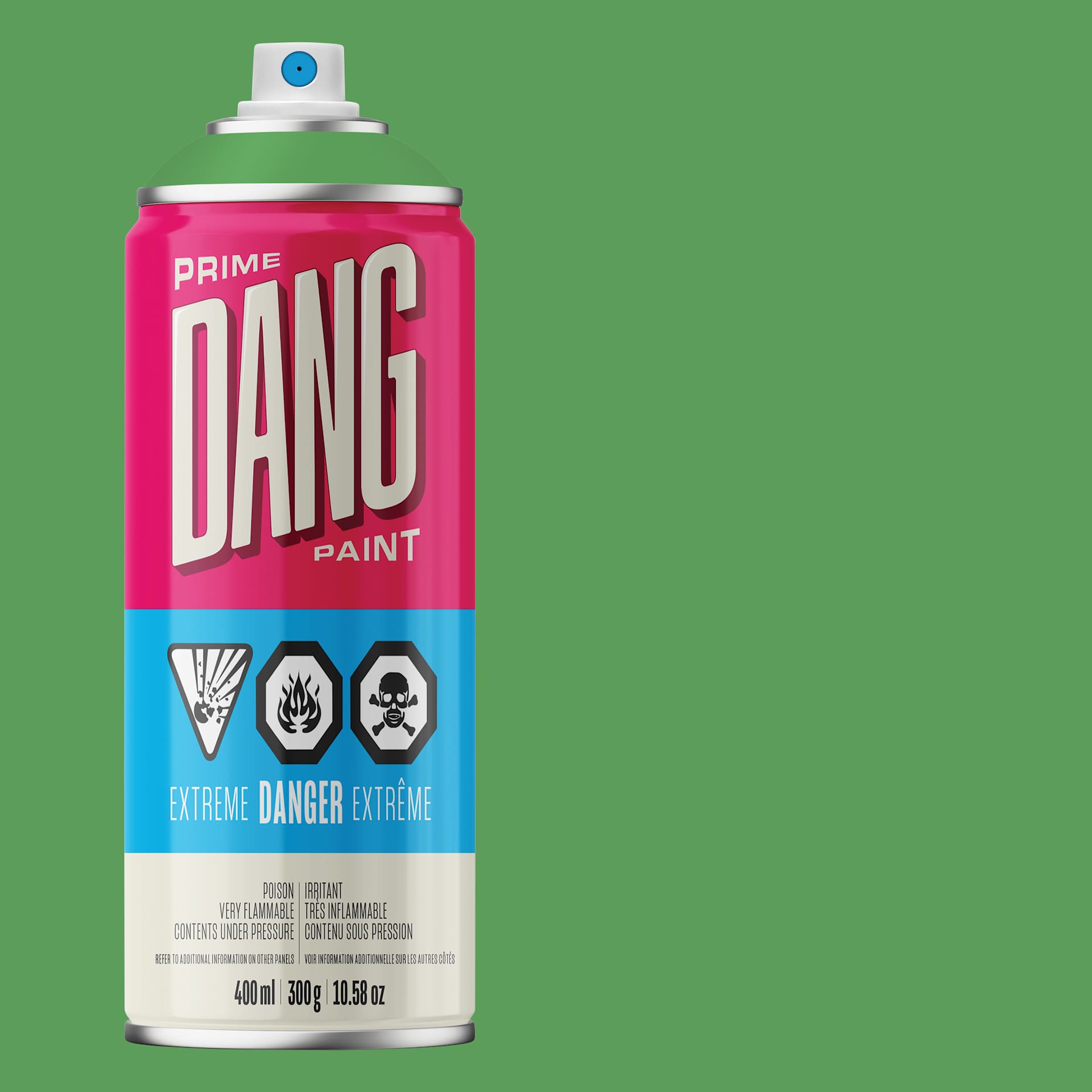 Dang Prime Spray Paint - Grass, 400 ml can and swatch