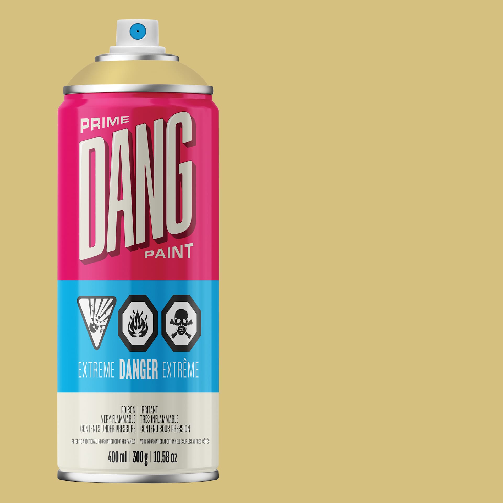 Dang Prime Spray Paint - Gold, 400 ml can and swatch