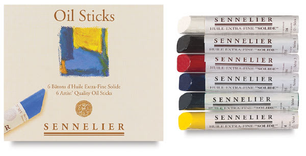 Sennelier Artists' Oil Sticks Set - Top view of 6 pc Set shown loose with package adjacent Sennelier Artists' Oil Sticks Set - Top view of 6 pc Set shown loose with package adjacent