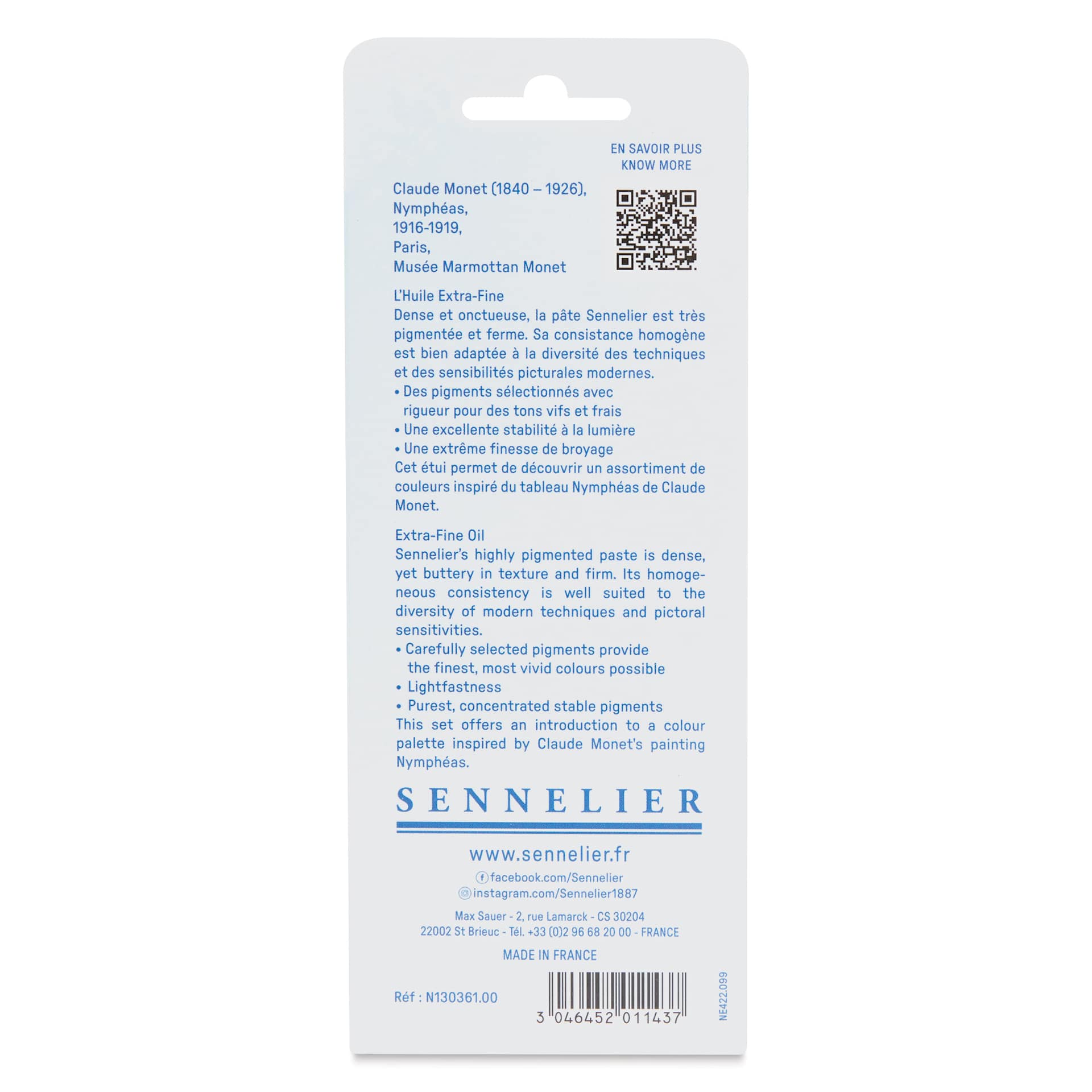 Sennelier Artists' Extra Fine Oil Paints - Set of 6, Monet Heritage Colors, 10 ml Tubes back of package