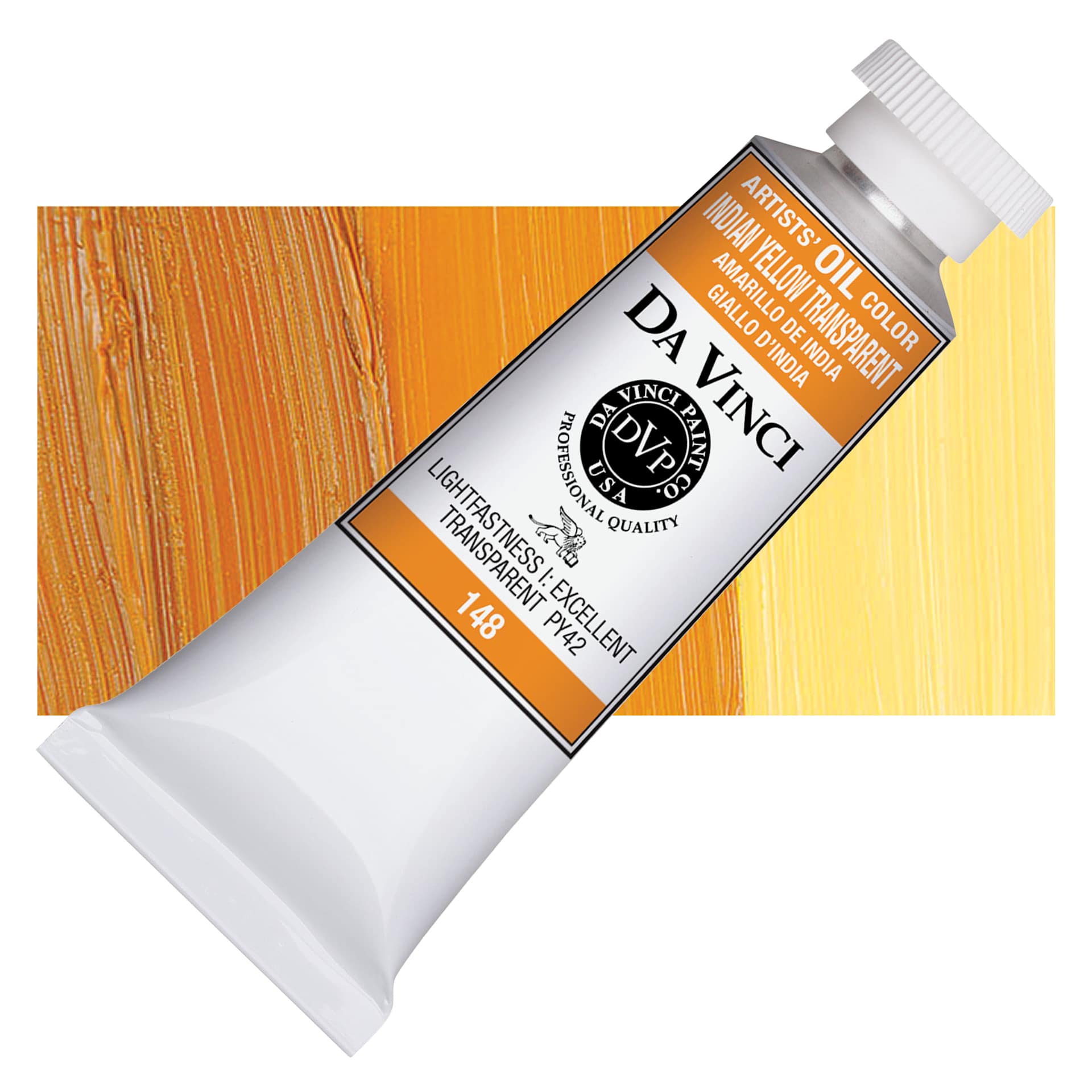 Da Vinci Artists' Oil Color - Indian Yellow Transparent, 37 ml Tube and swatch
