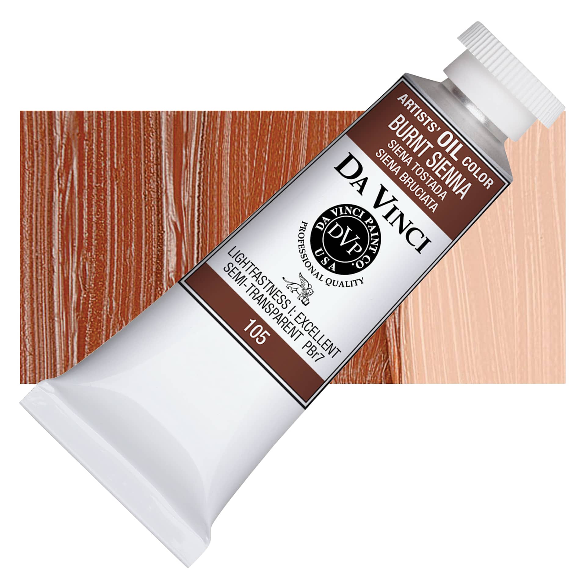 Da Vinci Artists' Oil Color - Burnt Sienna, 37 ml Tube and swatch