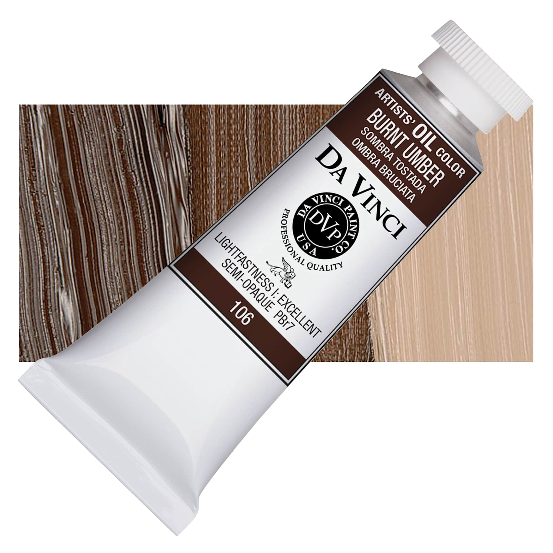 Da Vinci Artists' Oil Color - Burnt Umber, 37 ml Tube and swatch