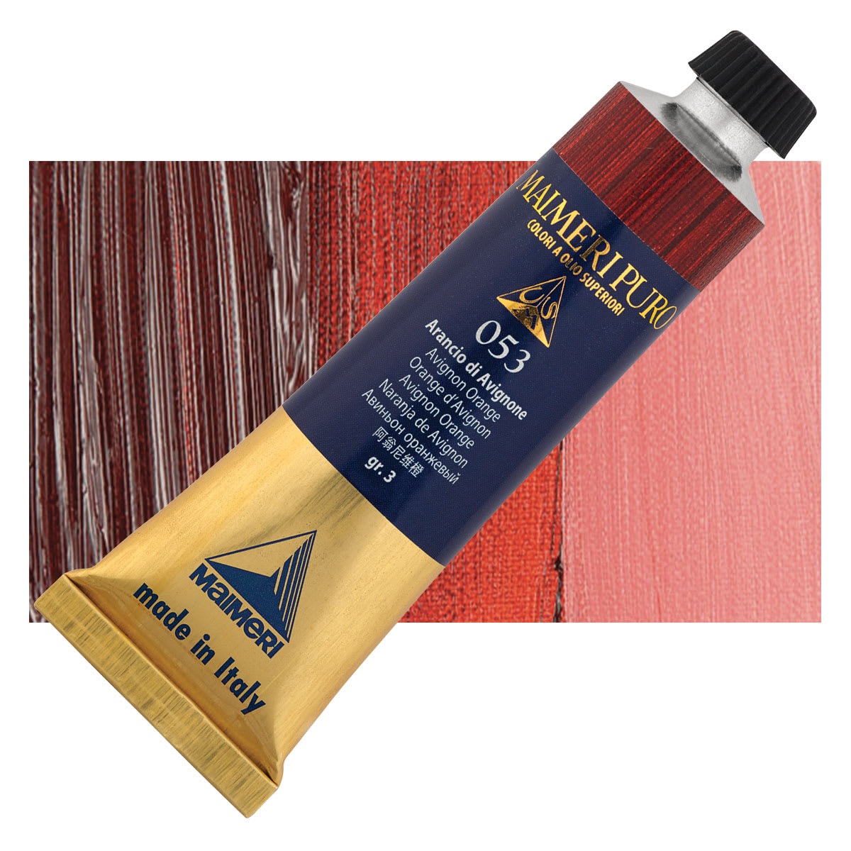 Maimeri Puro Oil Color - Avignon Orange, 40 ml tube and swatch