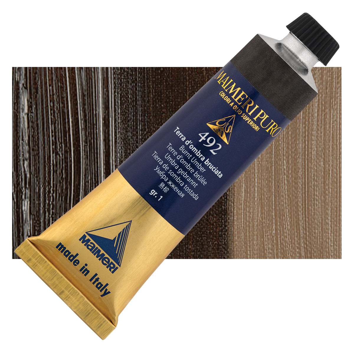 Maimeri Puro Oil Color - Burnt Umber, 40 ml tube and swatch