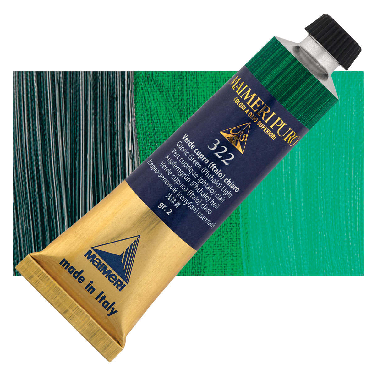 Maimeri Puro Oil Color - Cupric Green Light, 40 ml tube and swatch