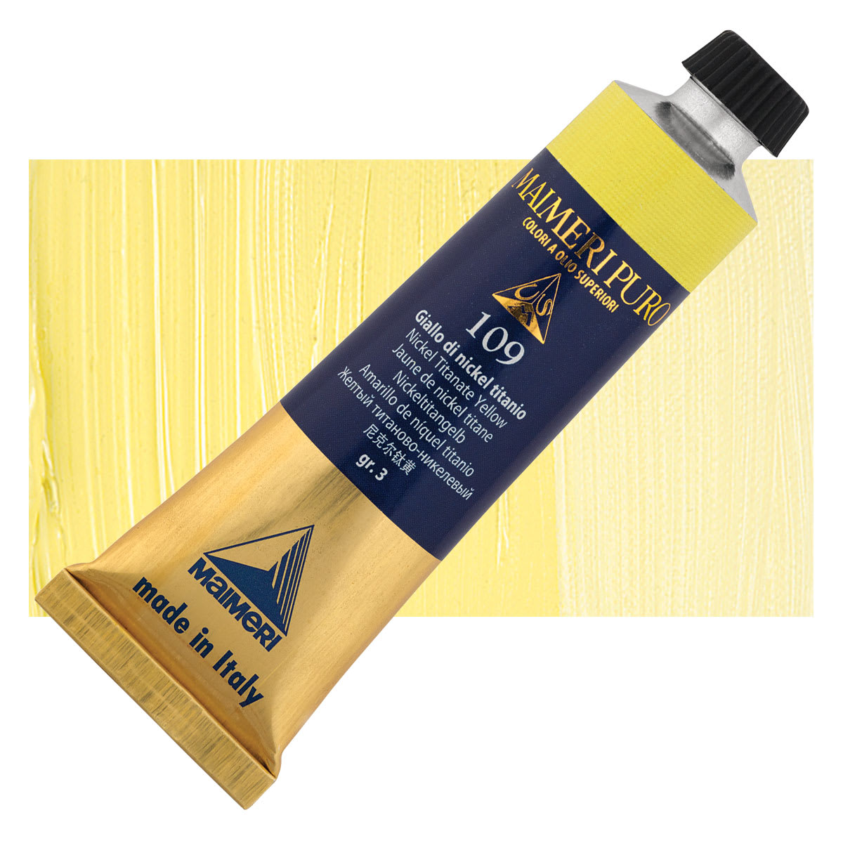 Maimeri Puro Oil Color - Nickel Titanate Yellow, 40 ml tube and swatch