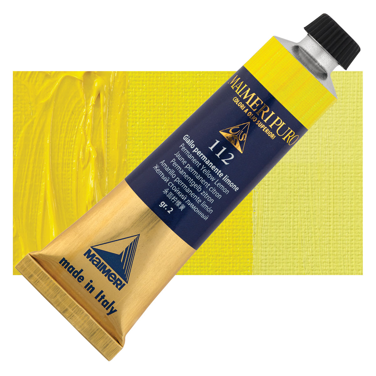 Maimeri Puro Oil Color - Permanent Yellow Lemon, 40 ml Tube and swatch