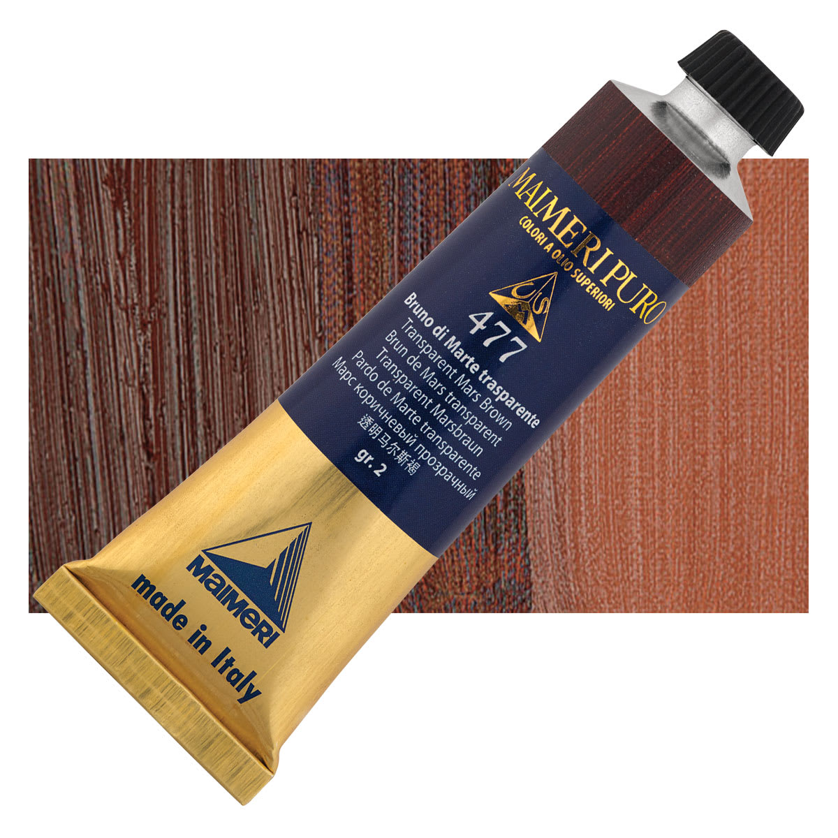 Maimeri Puro Oil Color - Transparent Mars Brown, 40 ml tube and swatch