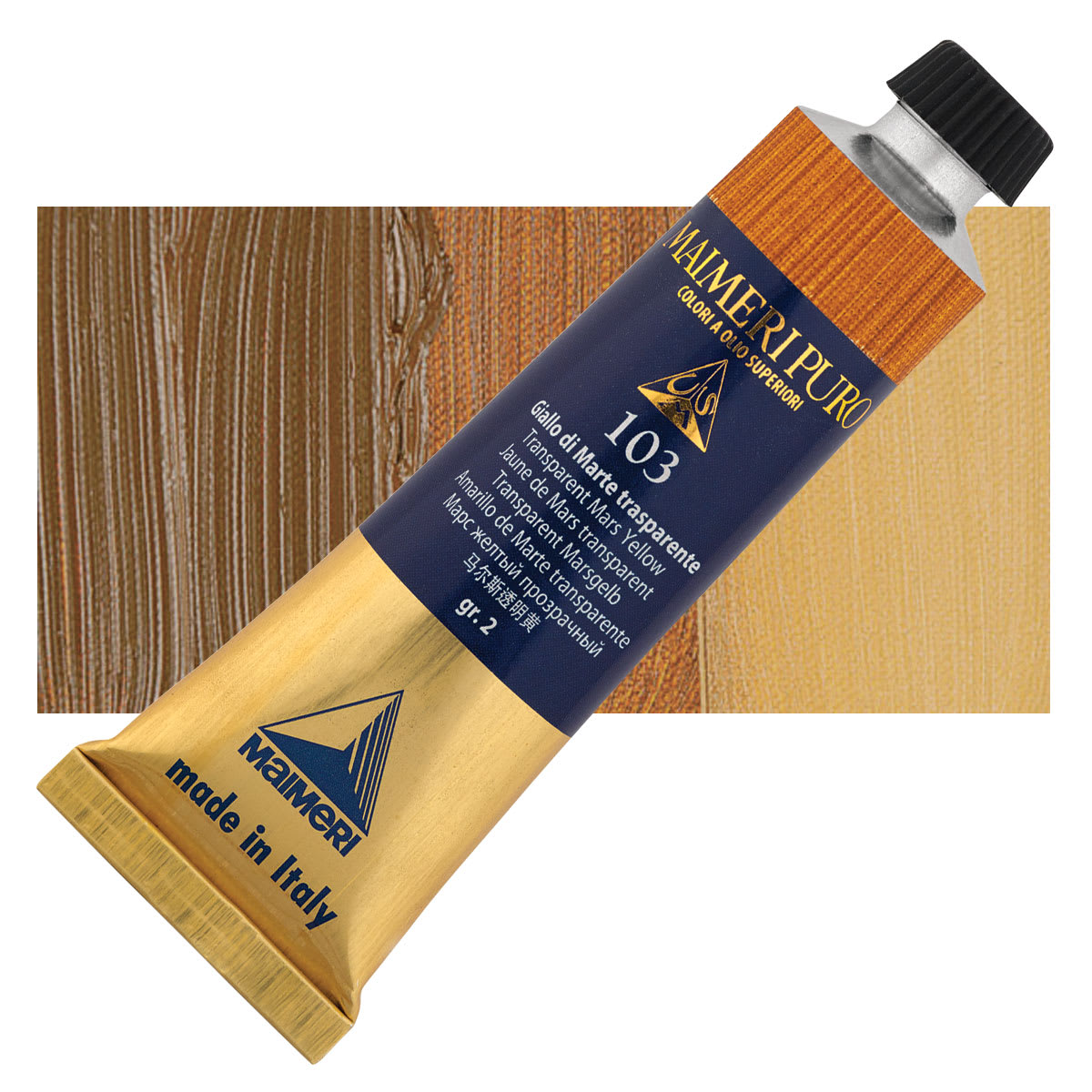 Maimeri Puro Oil Color - Transparent Mars Yellow, 40 ml tube and swatch