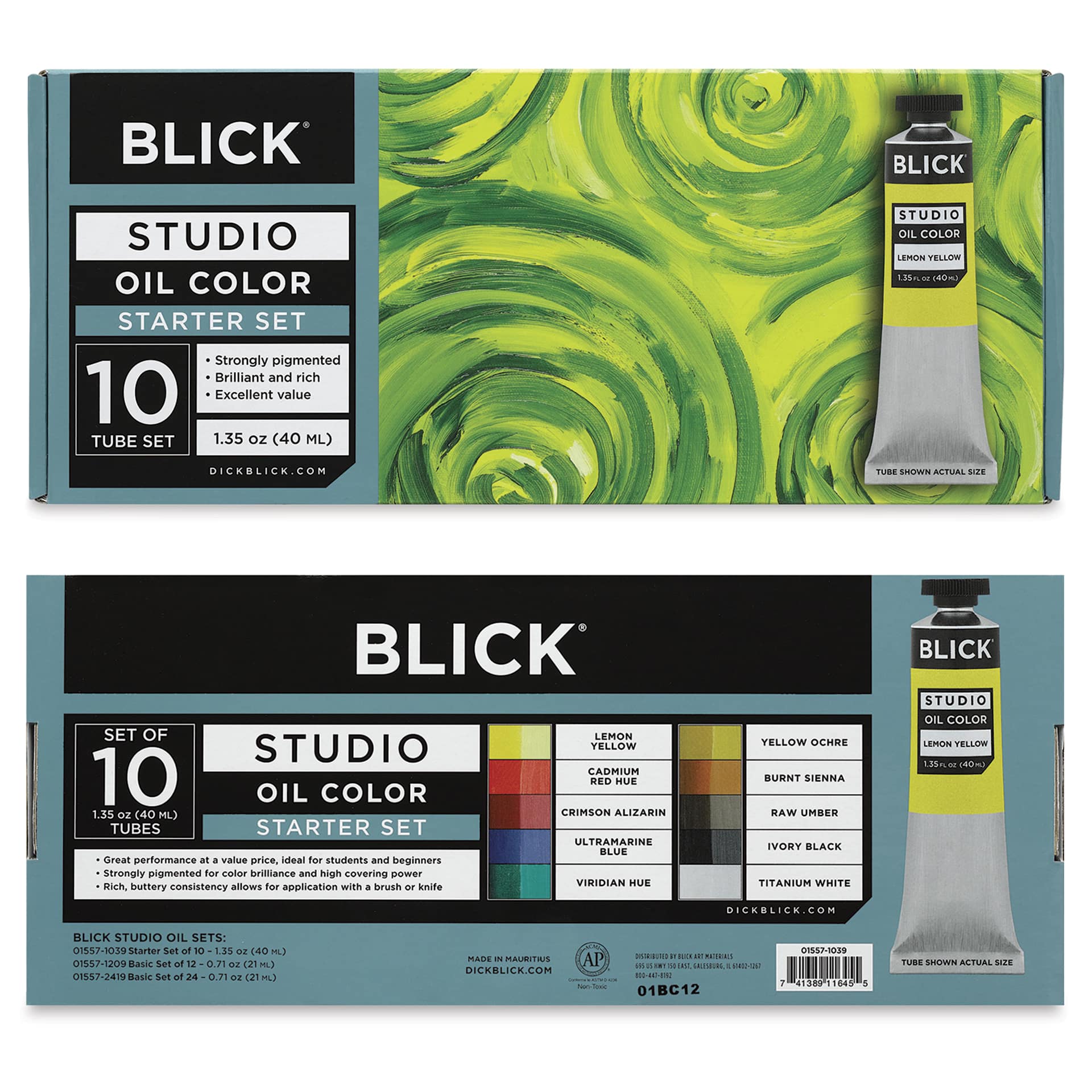 Blick Studio Oil Colors - Set of 10, Starter, 40 ml, front and back of packaging
