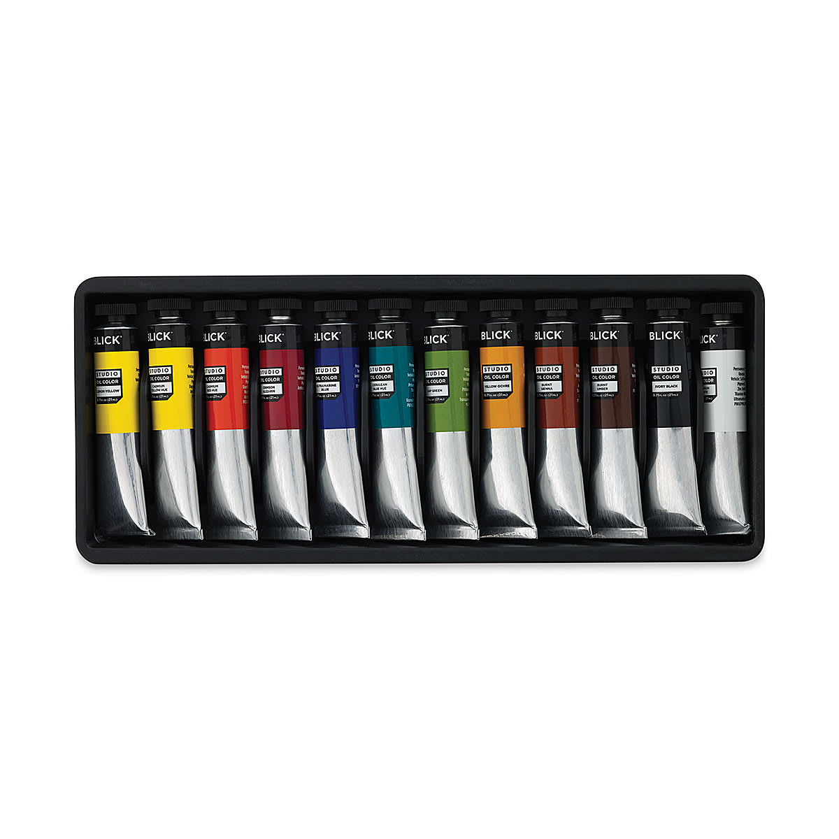 Blick Studio Oil Paints - Basic Set of 12 assorted colors, 21 ml tubes (Tubes in open tray) 