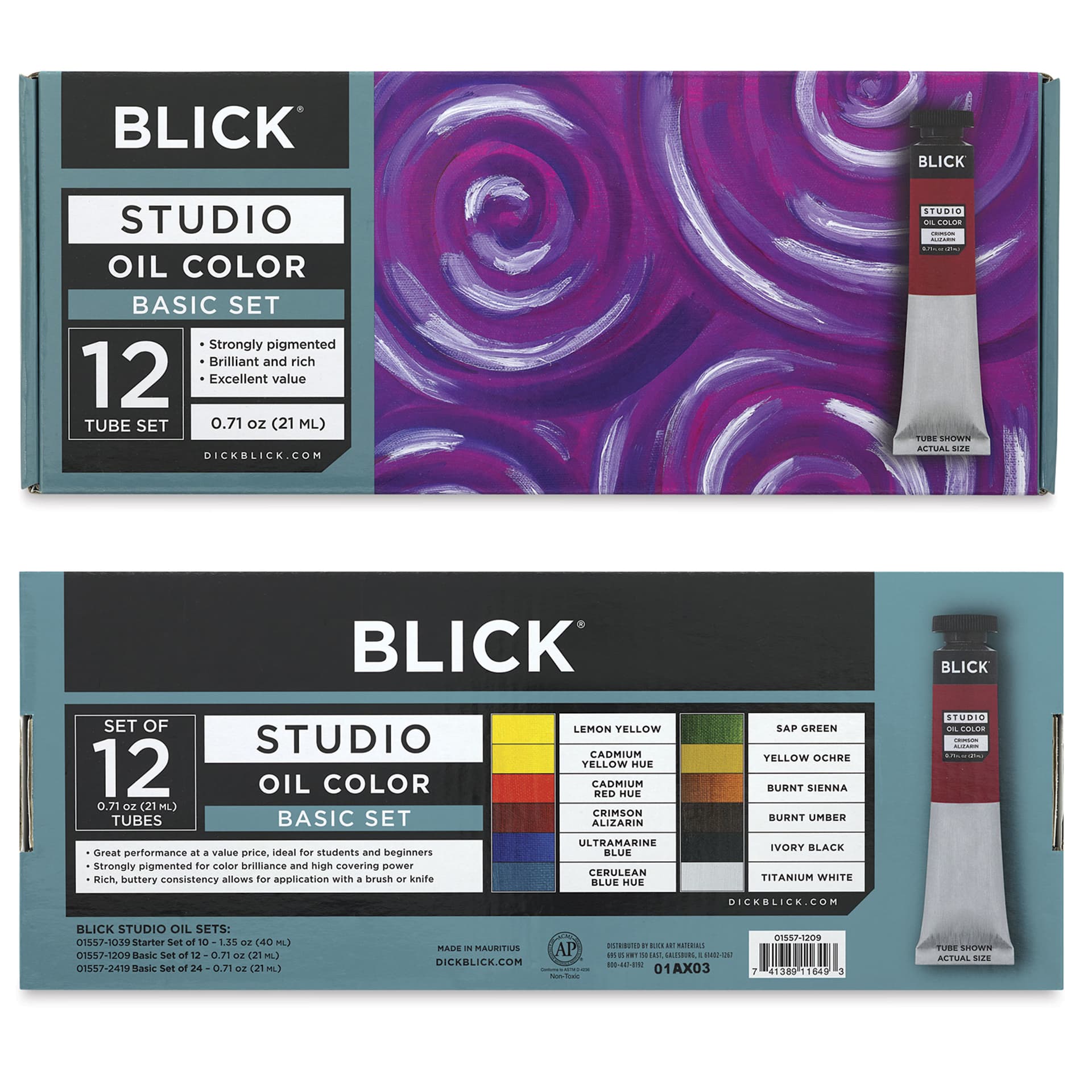 Blick Studio Oil Colors - Set of 12,  Basics, 21 ml, front and back of packaging