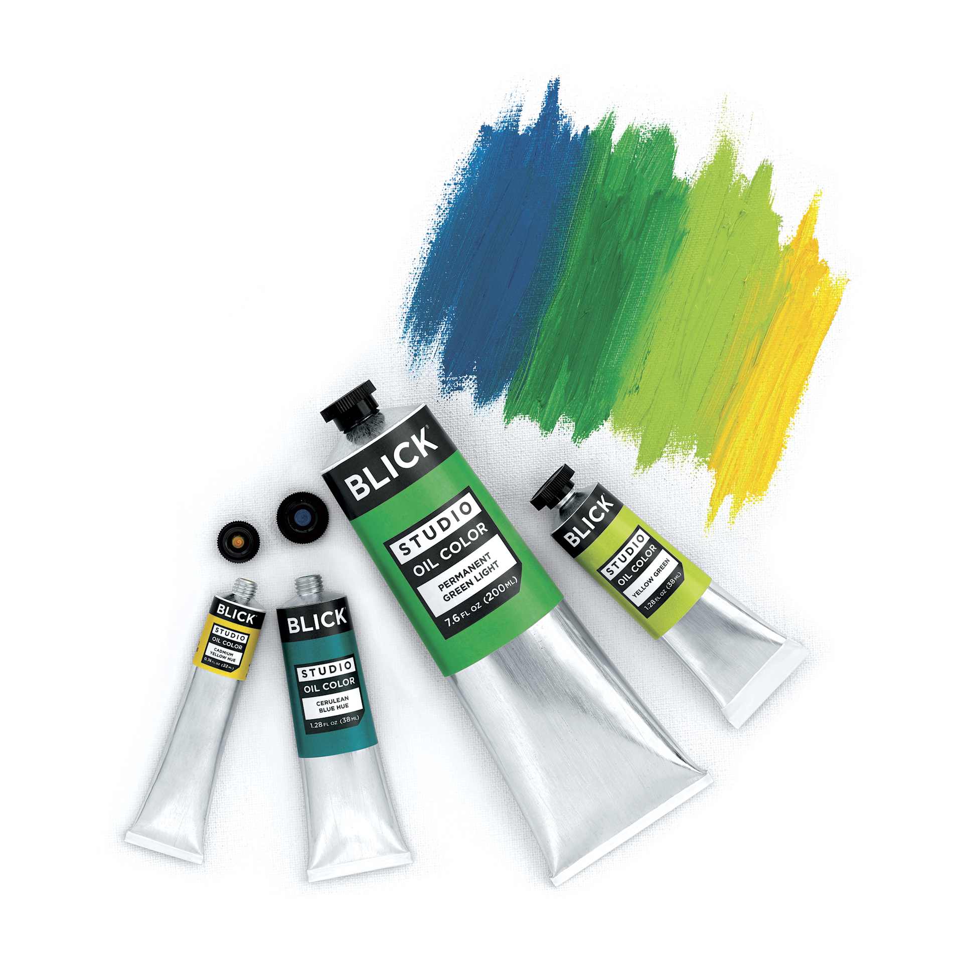 Blick Studio Oil Paints - Cadmium Yellow Hue, Cerulean Blue Hue, Permanent Green Light, and Yellow Green tubes
