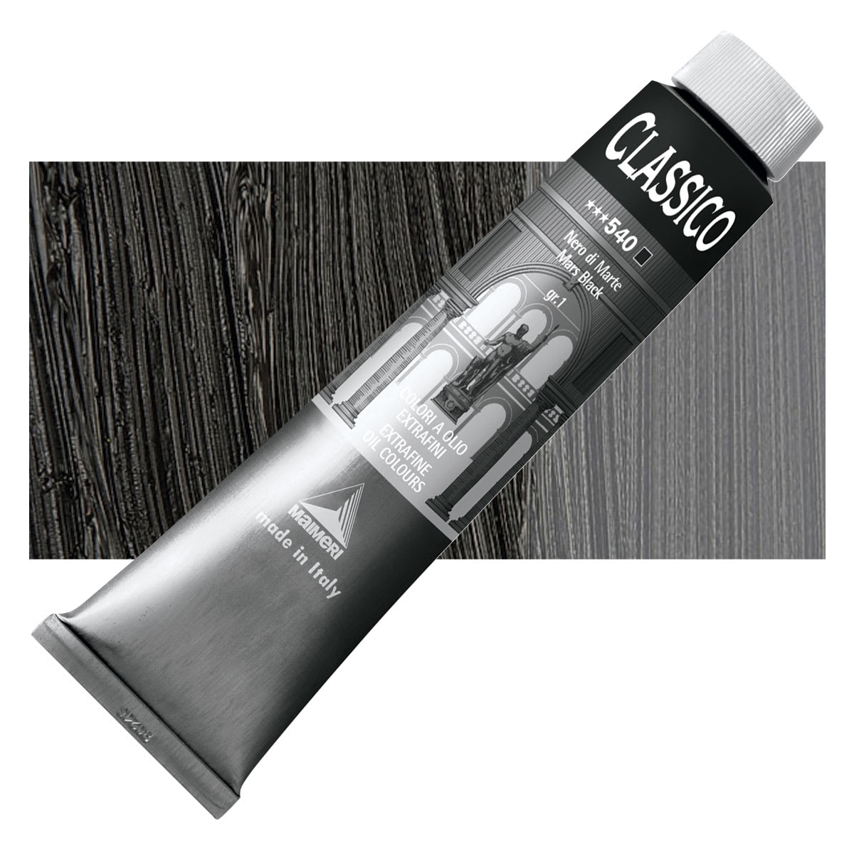 Maimeri Classico Oil Color - Mars Black, 200 ml tube and swatch