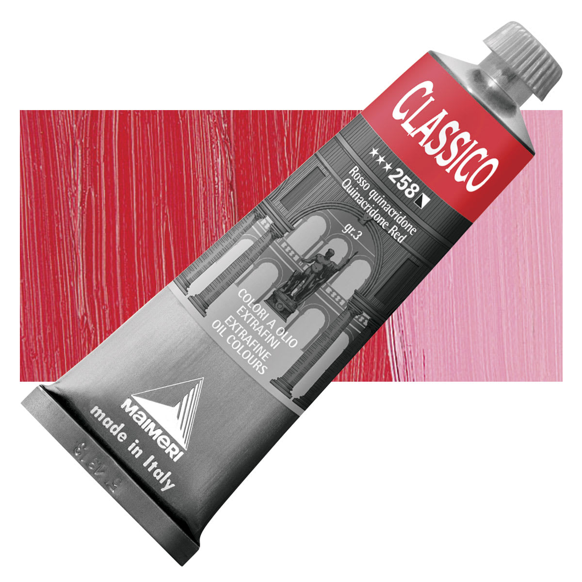 Maimeri Classico Oil Color - Quinacridone Red, 60 ml tube and swatch