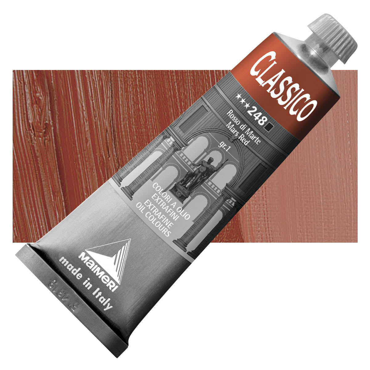 Maimeri Classico Oil Color - Mars Red, 60 ml tube and swatch