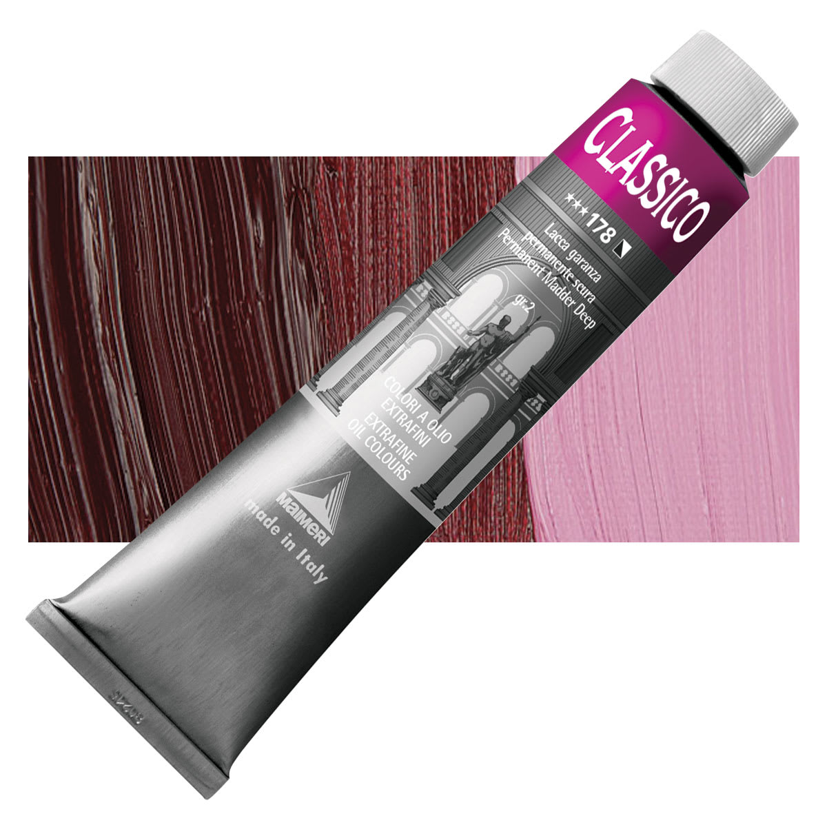Maimeri Classico Oil Color - Permanent Madder Deep, 200 ml tube and swatch