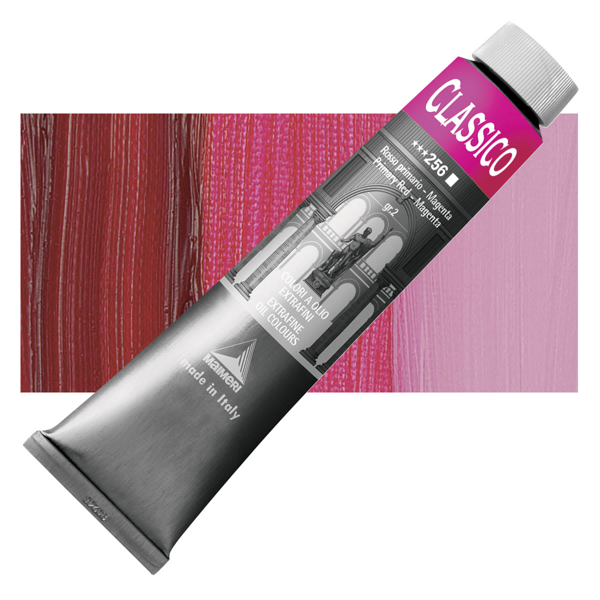 Maimeri Classico Oil Color - Primary Red - Magenta, 200 ml tube and swatch