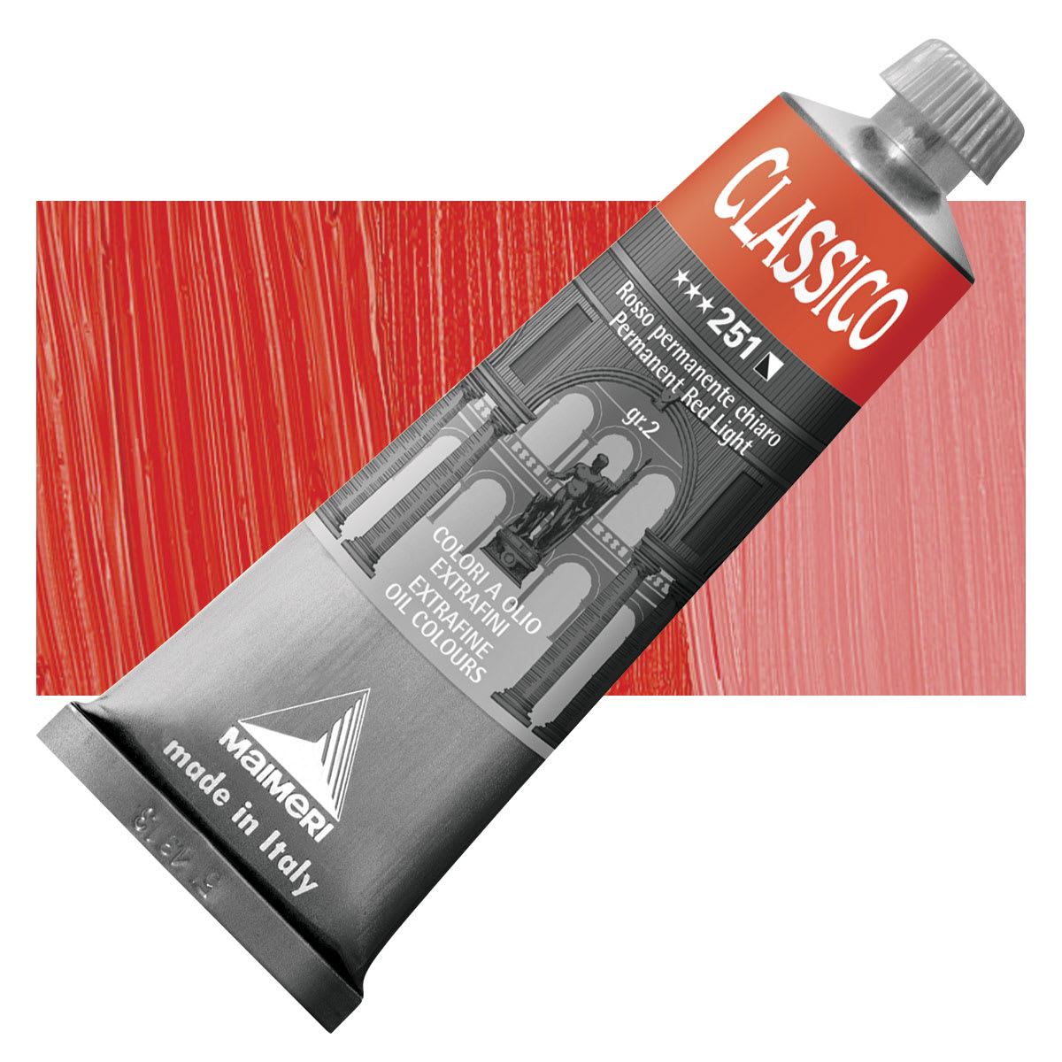 Maimeri Classico Oil Color - Permanent Red Light, 60 ml tube and swatch