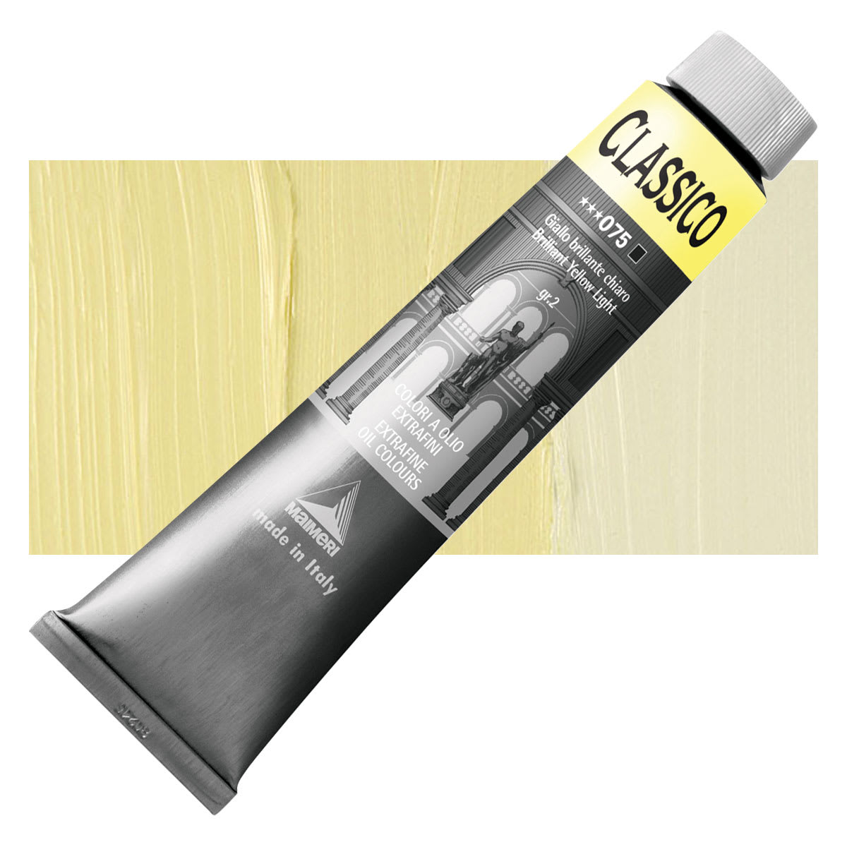 Maimeri Classico Oil Color - Brilliant Yellow Light, 200 ml tube and swatch