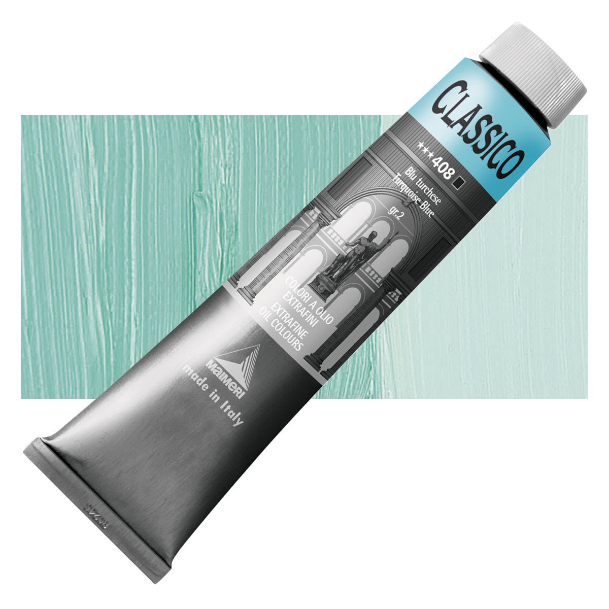 Maimeri Classico Oil Color - Turquoise Blue, 200 ml tube and swatch