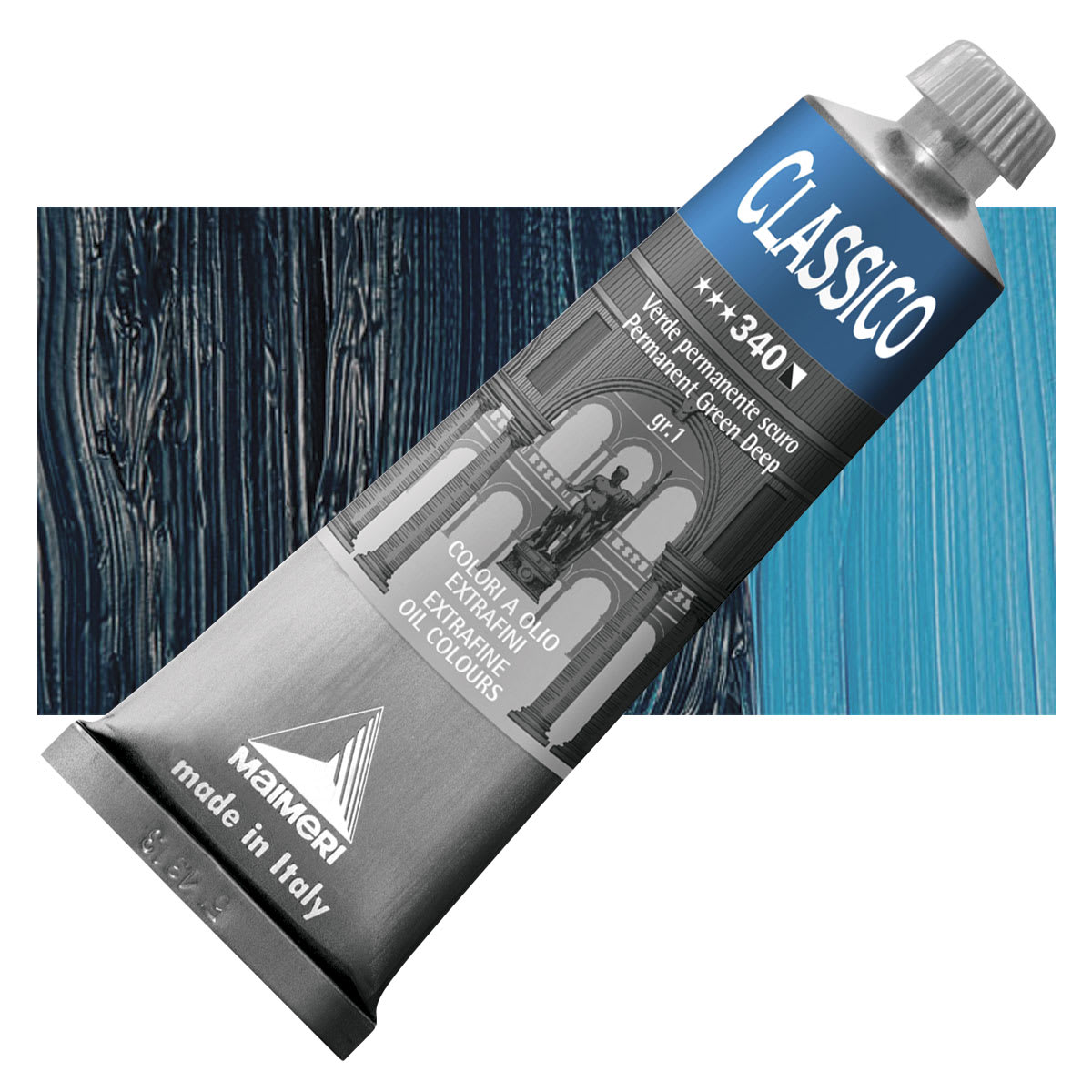 Maimeri Classico Oil Color - Permanent Green Deep, 60 ml tube and swatch