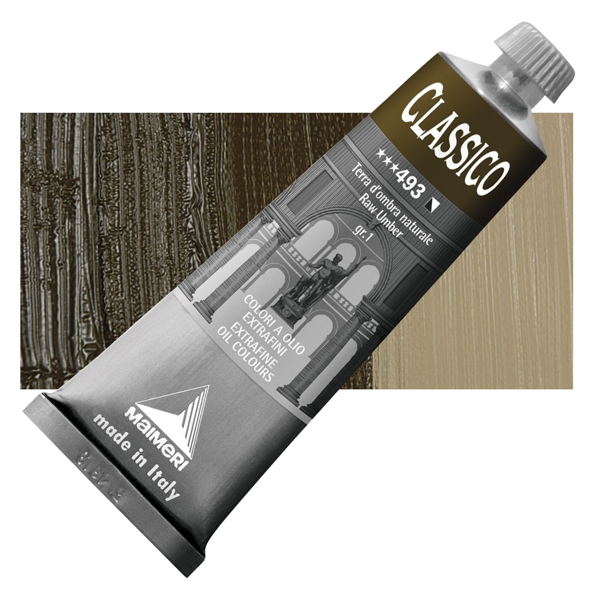 Maimeri Classico Oil Color - Raw Umber, 60 ml tube and swatch