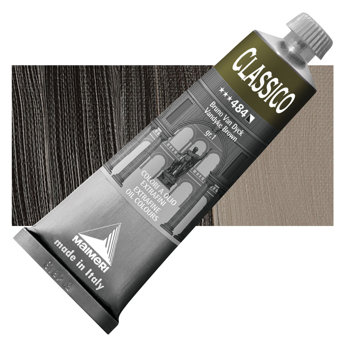Maimeri Classico Oil Color - Vandyke Brown, 60 ml tube and swatch