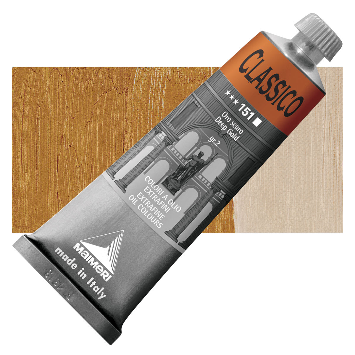 Maimeri Classico Oil Color - Deep Gold, 60 ml tube and swatch