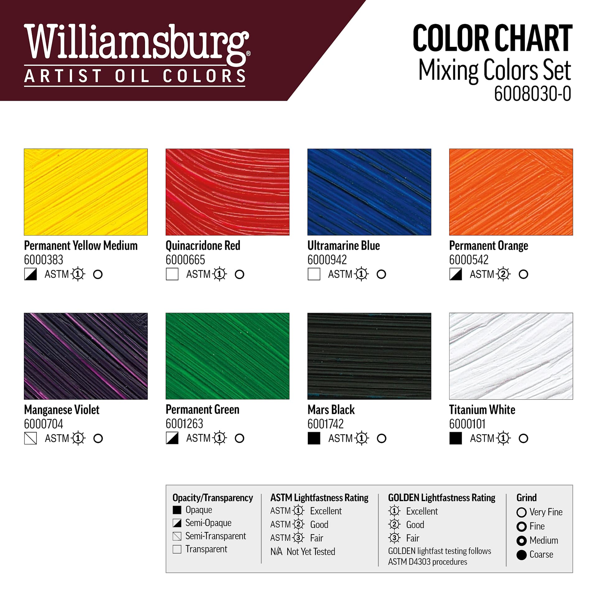 Williamsburg Handmade Oil Paints - Set of 8, Mixing, 22 ml Tubes, swatches