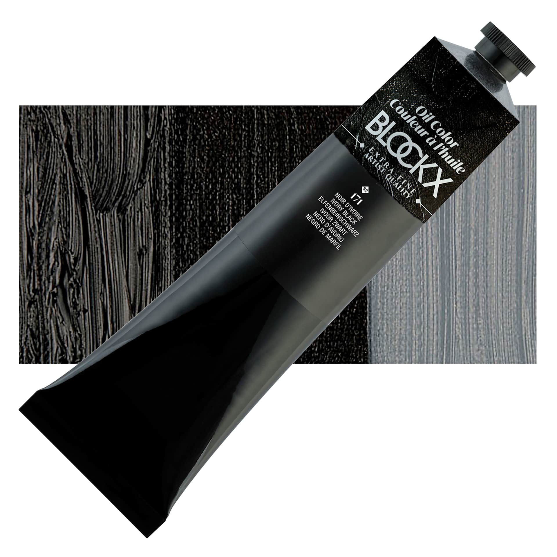 Blockx Artist Oil Color - Ivory Black, 200 ml tube and swatch