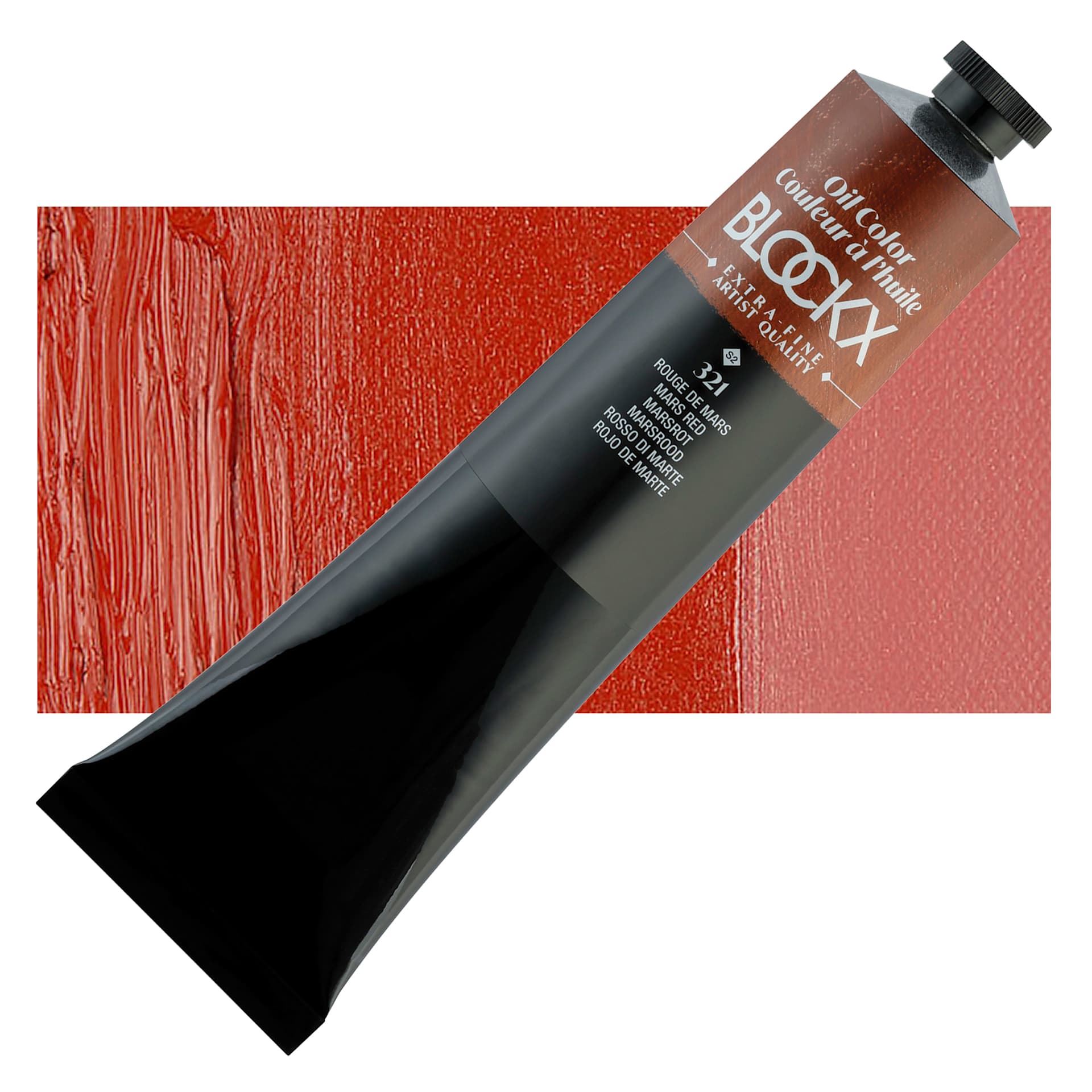 Blockx Artist Oil Color - Mars Red, 200 ml tube and swatch