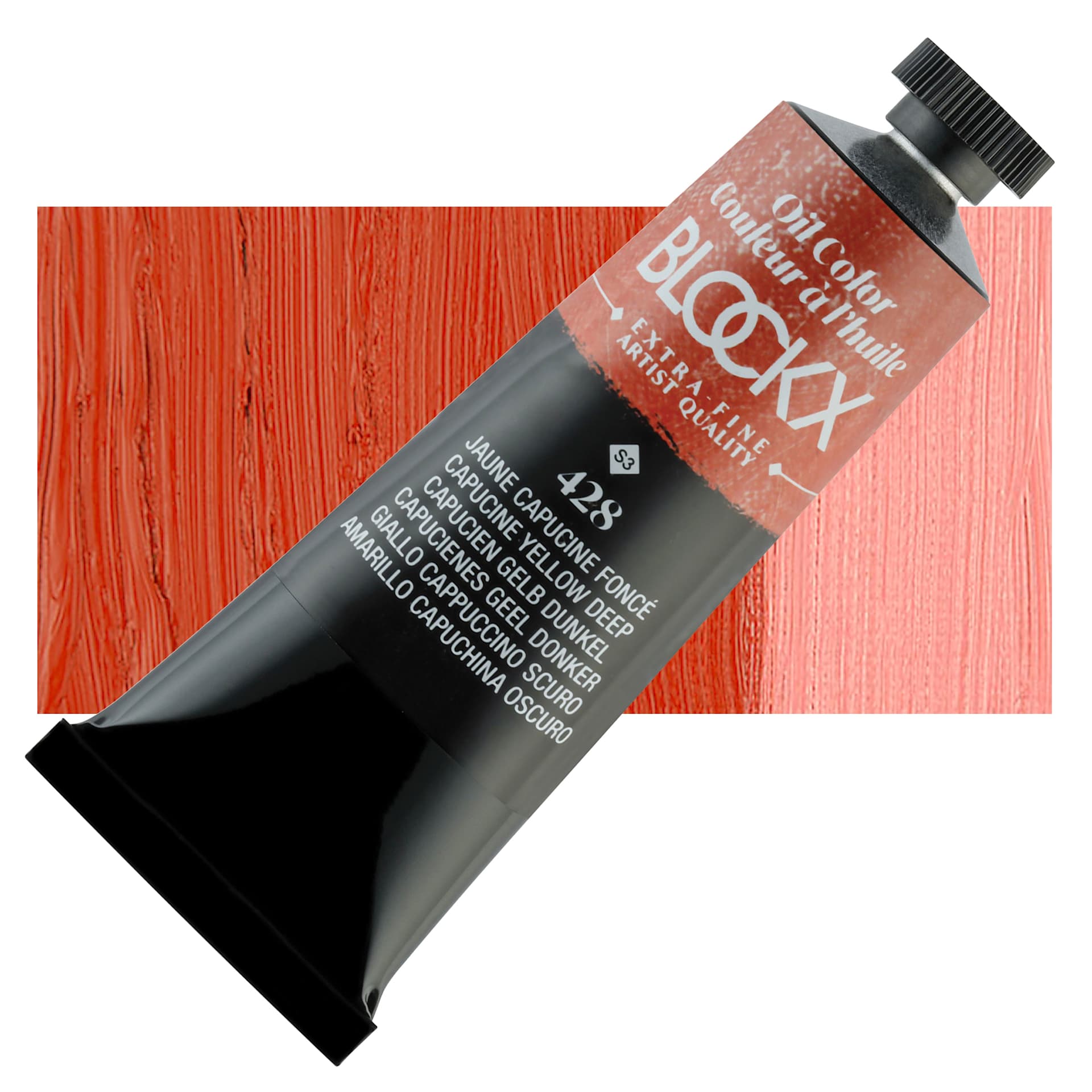 Blockx Artist Oil Color - Capucine Yellow Deep, 35 ml Tube and swatch